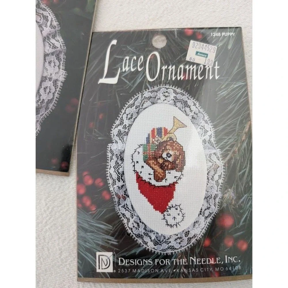 2 DMC Counted Cross Stitch Kit Lace Ornament 1248 Puppy 1304 Candles Christmas
